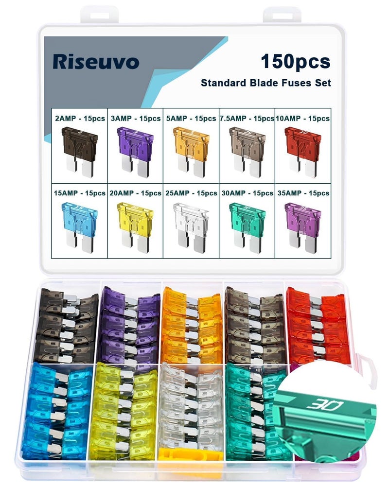 Riseuvo طقم فيوزات السيارات القياسية Riseuvo 150 قطعة - مجموعة فيوزات ATO للسيارات والشاحنات والمركبات الترفيهية والقوارب مع أداة سحب الفيوز (2A 3A 5A 7.5A 10A 15A 20A 25A 30A 35A) - Image 1